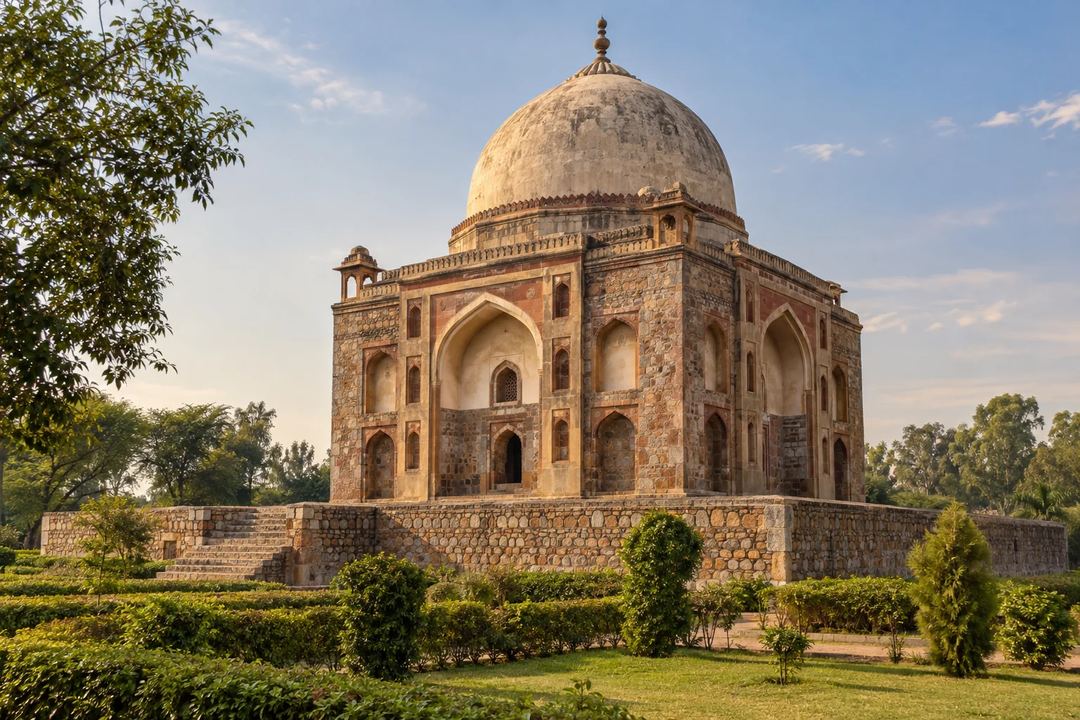 Illustration of the domed Khwaja Khizr’s Tomb surrounded by gardens in Sonipat.