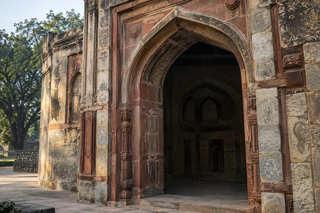 Illustration of a pointed entrance arch and carved stonework at Khwaja Khizr’s Tomb.