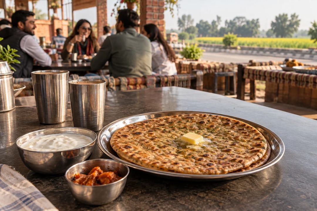 Illustration of a paratha topped with butter and served with curd at a roadside restaurant in Murthal.