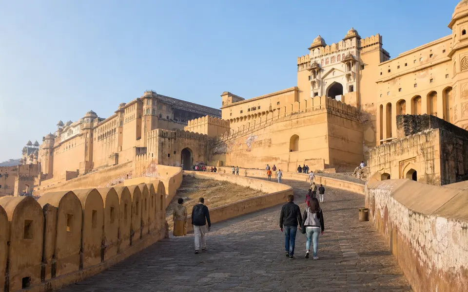 Amber Fort in Jaipur in the soft morning light, with a few visitors walking up towards the main gate and the surrounding Aravalli hills in the background.