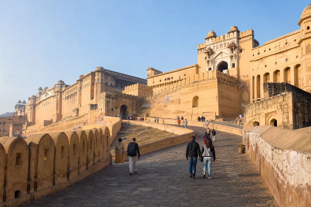 Amber Fort in Jaipur in the soft morning light, with a few visitors walking up towards the main gate and the surrounding Aravalli hills in the background.