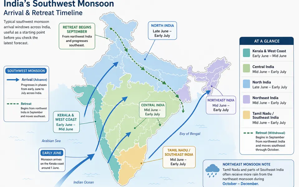 Simple illustrated map of India showing approximate southwest monsoon arrival and retreat periods by region.