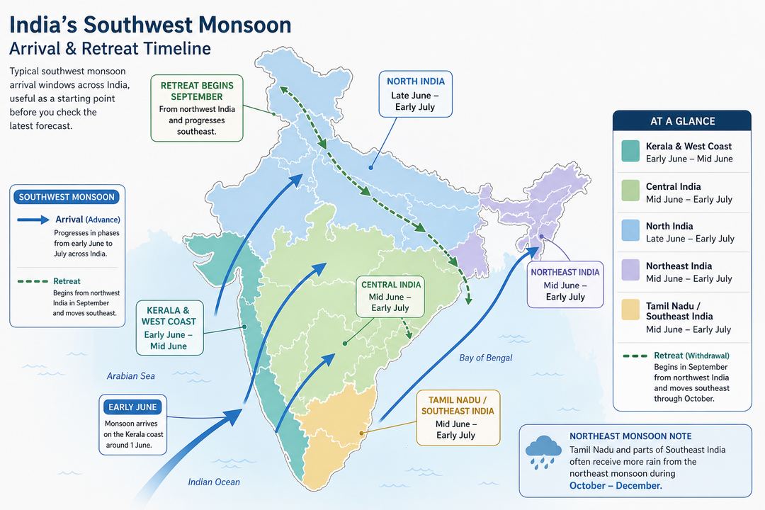 Simple illustrated map of India showing approximate southwest monsoon arrival and retreat periods by region.