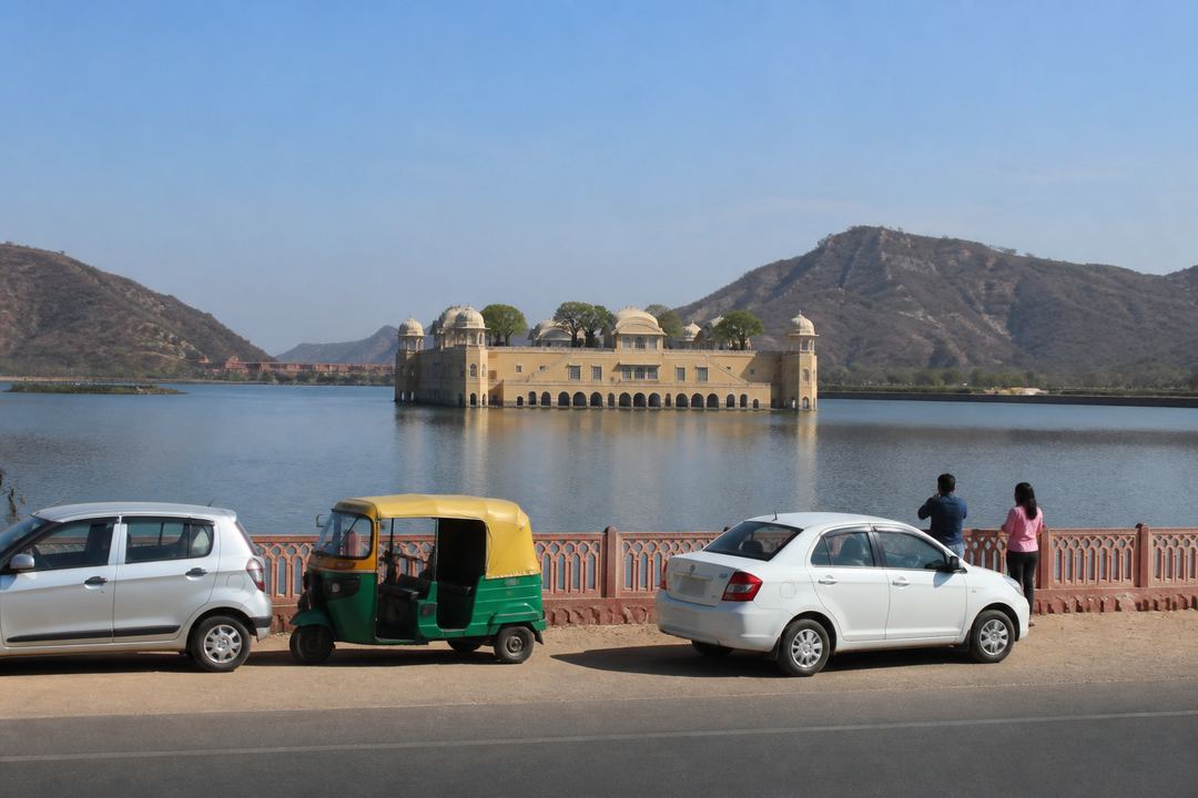 Roadside view of Jal Mahal in Jaipur, with the palace sitting in the middle of the lake and cars briefly stopped along the lakeside road.