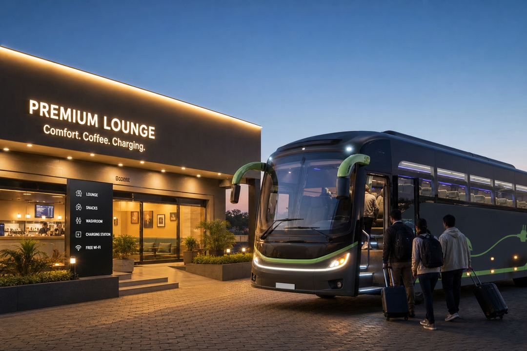 Modern electric intercity coach at a clean bus lounge with a few passengers boarding in the evening.