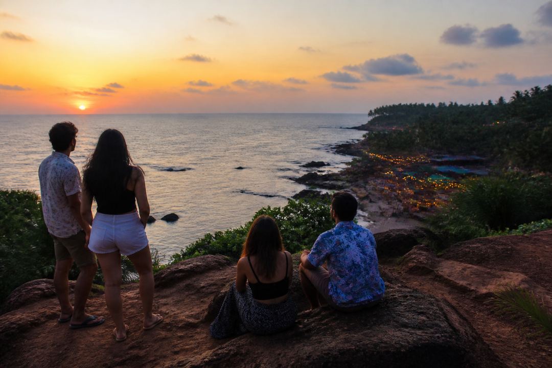Group of friends at a rocky sunset viewpoint in North Goa, looking out over the sea with beach shacks lit below.