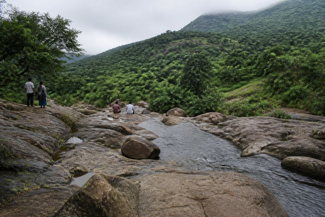 Green hills and a rocky stream near Puliancholai or Pachamalai with visitors standing at a safe distance from the water.