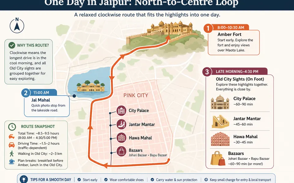 Simple map-style infographic of Jaipur showing a morning start at Amber Fort, a stop at Jal Mahal, then a loop through City Palace, Jantar Mantar, Hawa Mahal and nearby bazaars with time blocks.