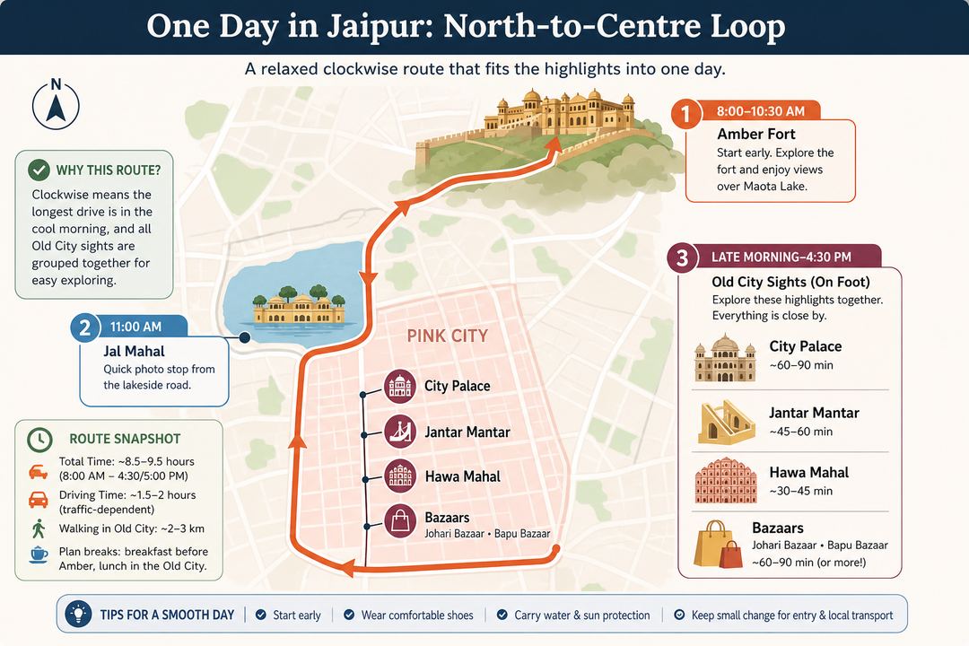 Simple map-style infographic of Jaipur showing a morning start at Amber Fort, a stop at Jal Mahal, then a loop through City Palace, Jantar Mantar, Hawa Mahal and nearby bazaars with time blocks.