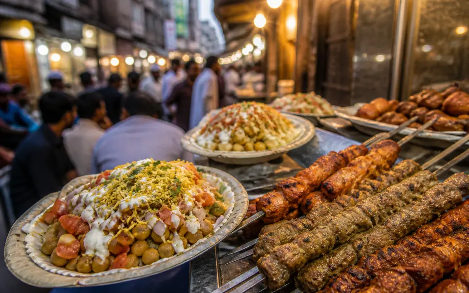 Close-up of plates of Lucknow-style kebabs and chaat on a busy street-side counter with blurred crowds in the background.