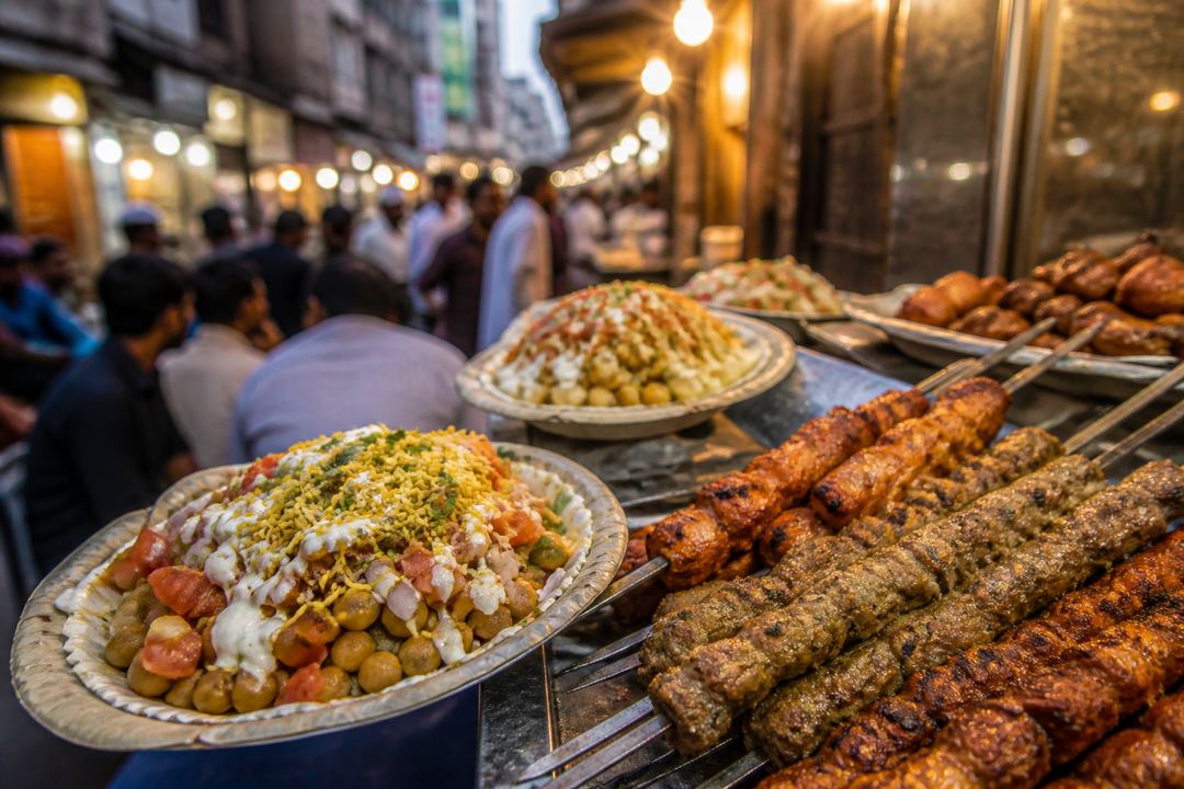 Close-up of plates of Lucknow-style kebabs and chaat on a busy street-side counter with blurred crowds in the background.