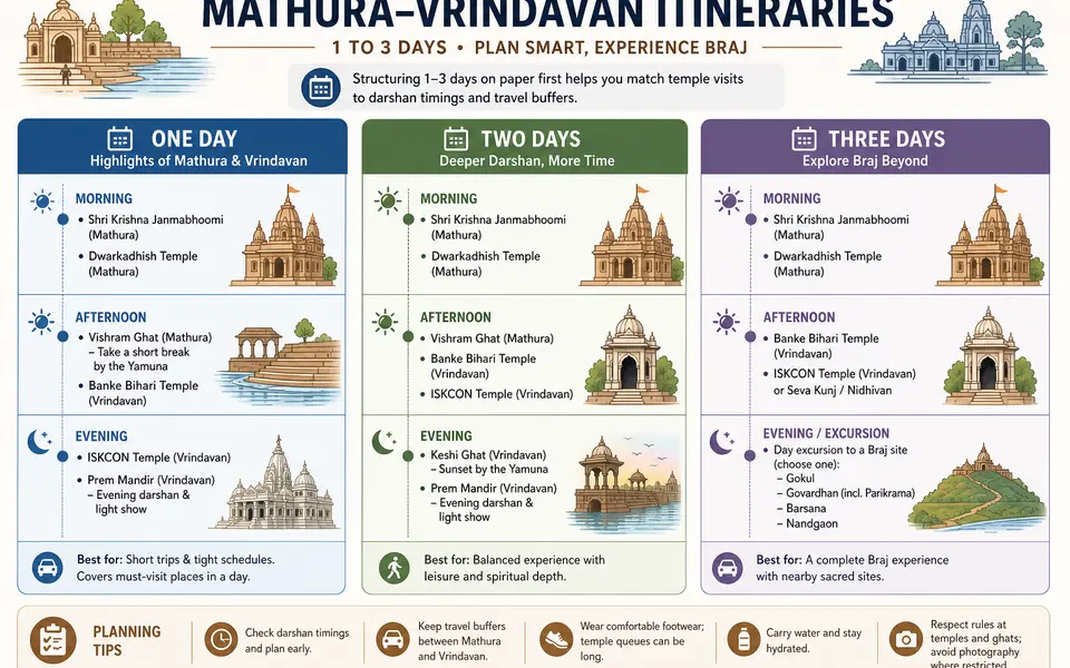 Infographic showing 1-, 2- and 3-day Mathura–Vrindavan itineraries with key stops for each day.