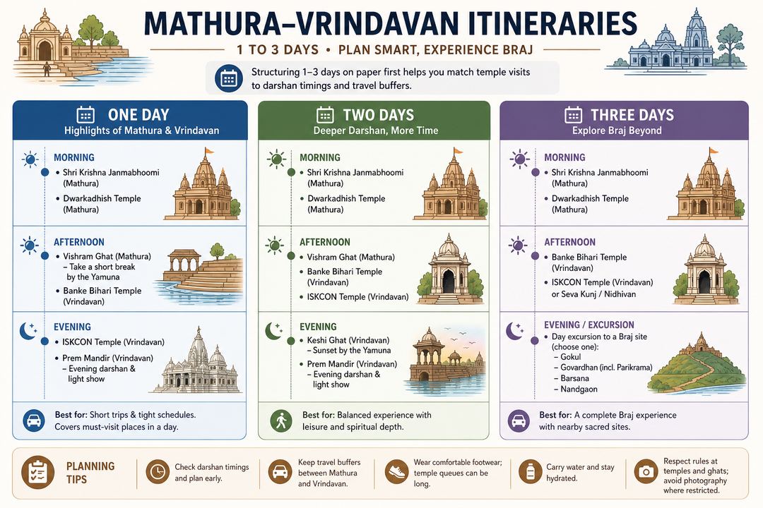 Infographic showing 1-, 2- and 3-day Mathura–Vrindavan itineraries with key stops for each day.