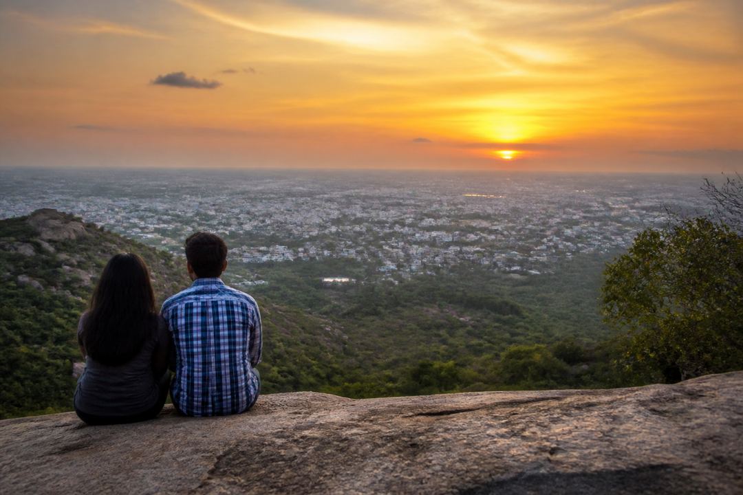 Couple sitting on a rock at Samanar Hills overlooking Madurai at sunset, with warm light and open sky.