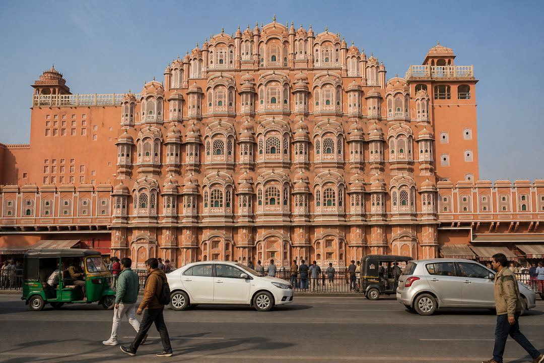 Street-level view of Jaipur’s Hawa Mahal with people walking and light traffic in front on a sunny winter afternoon.