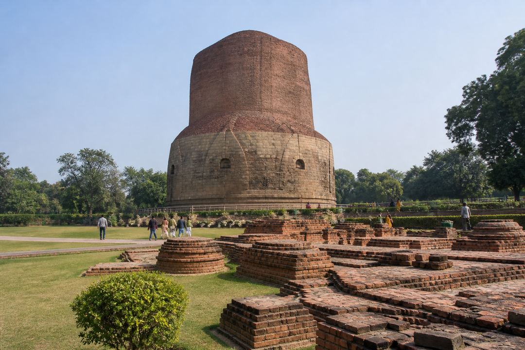 The Dhamek Stupa and surrounding lawns at Sarnath near Varanasi on a clear morning.