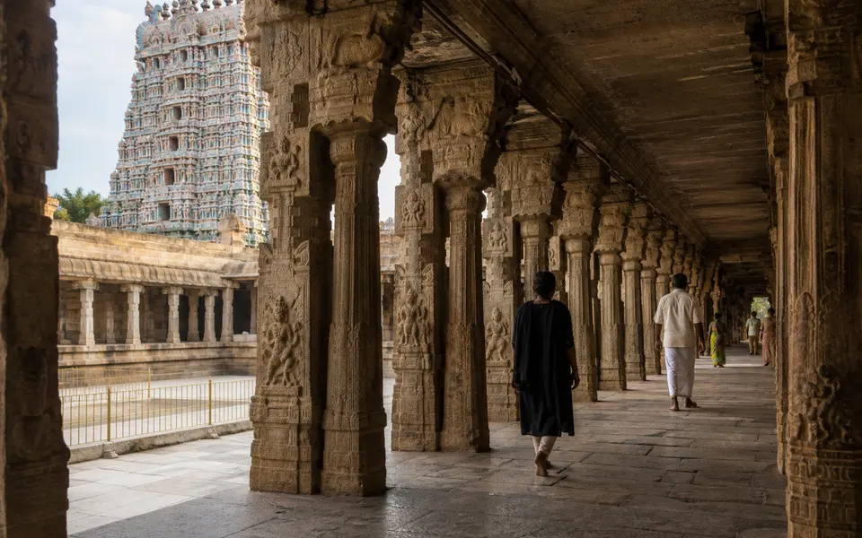 Inside corridor of a Kumbakonam temple with carved stone pillars and a view towards a gopuram.