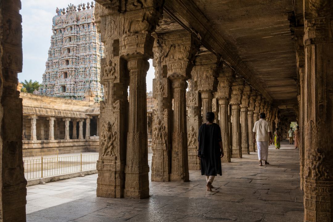 Inside corridor of a Kumbakonam temple with carved stone pillars and a view towards a gopuram.