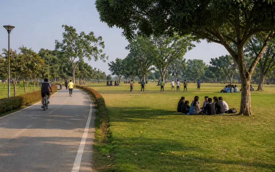 Wide view of Janeshwar Mishra Park with a walking track, cyclists and groups of friends sitting on the grass.