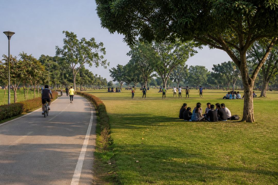 Wide view of Janeshwar Mishra Park with a walking track, cyclists and groups of friends sitting on the grass.