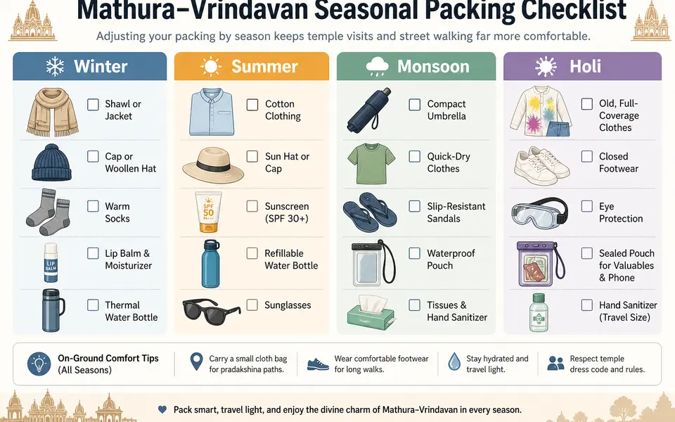 Packing checklist for winter, summer, monsoon and Holi visits to Mathura–Vrindavan.