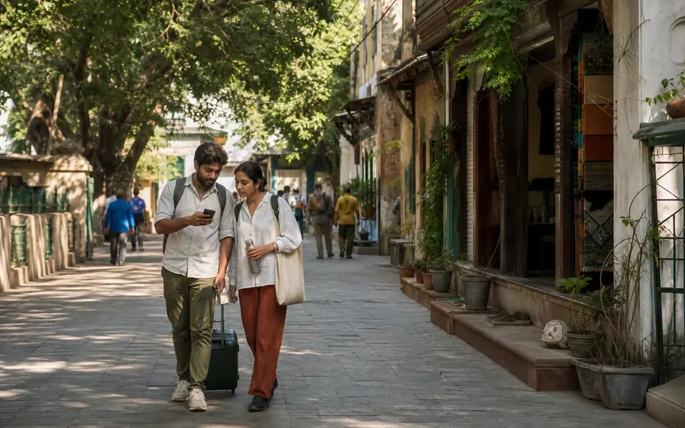 Indian travellers with compact luggage, a reusable bottle and a cloth tote walking through a shaded heritage neighbourhood.