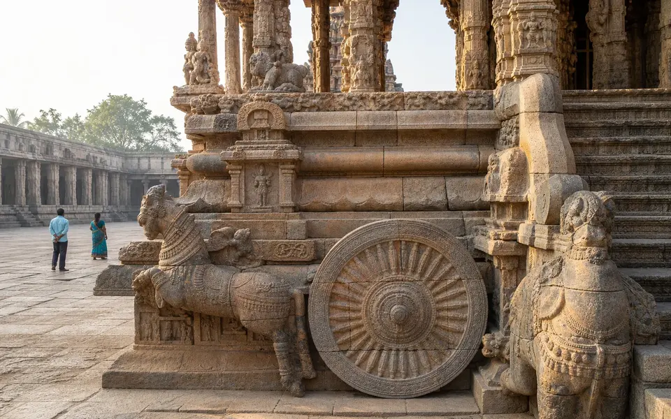 Verified view of the chariot-shaped mandapa, carved stone wheels and ornate pillars at Airavatesvara Temple in Darasuram.