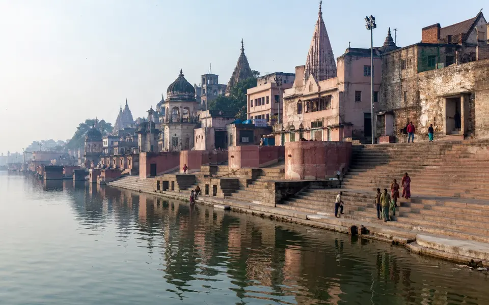 Illustrative view of the ghats and temple skyline at Ram Ki Paidi in Ayodhya.