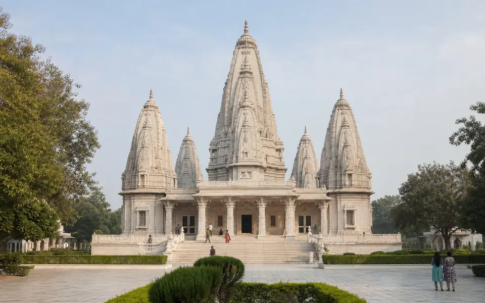 Illustrative view of JK Temple's pale facade and five towers in Kanpur.