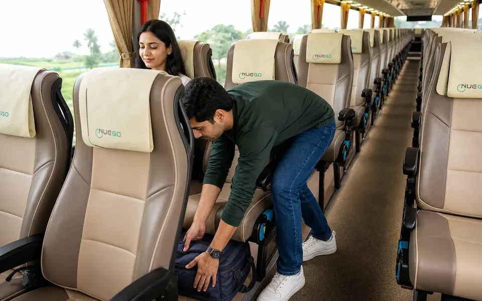 A passenger places a compact backpack beneath a seat inside a NueGo coach, leaving the aisle clear.