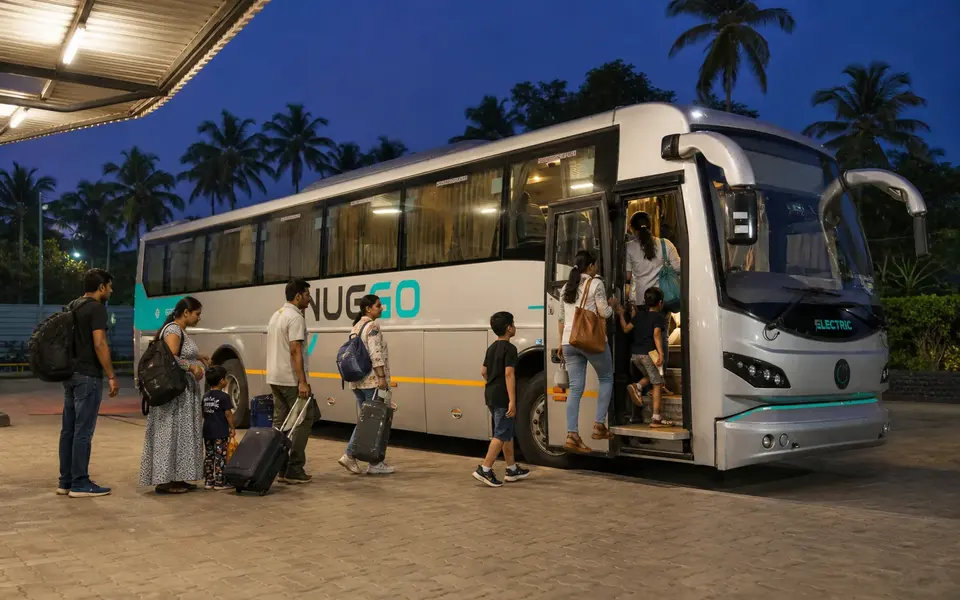 Travellers boarding a clearly branded NueGo electric intercity coach at an Indian terminal at night.