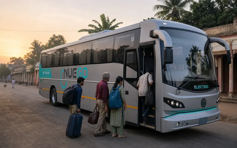 Travellers with small bags boarding a NueGo electric intercity coach at dawn.