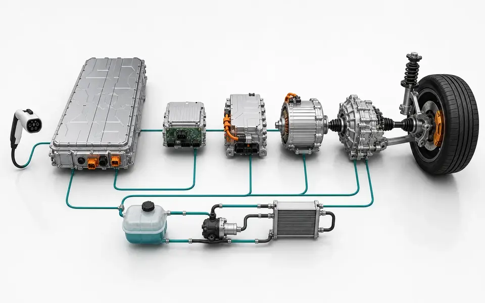 Educational studio illustration of charging connector, traction battery, electronics, inverter, electric motor, reduction gear, wheel and thermal-management loop connected in sequence.