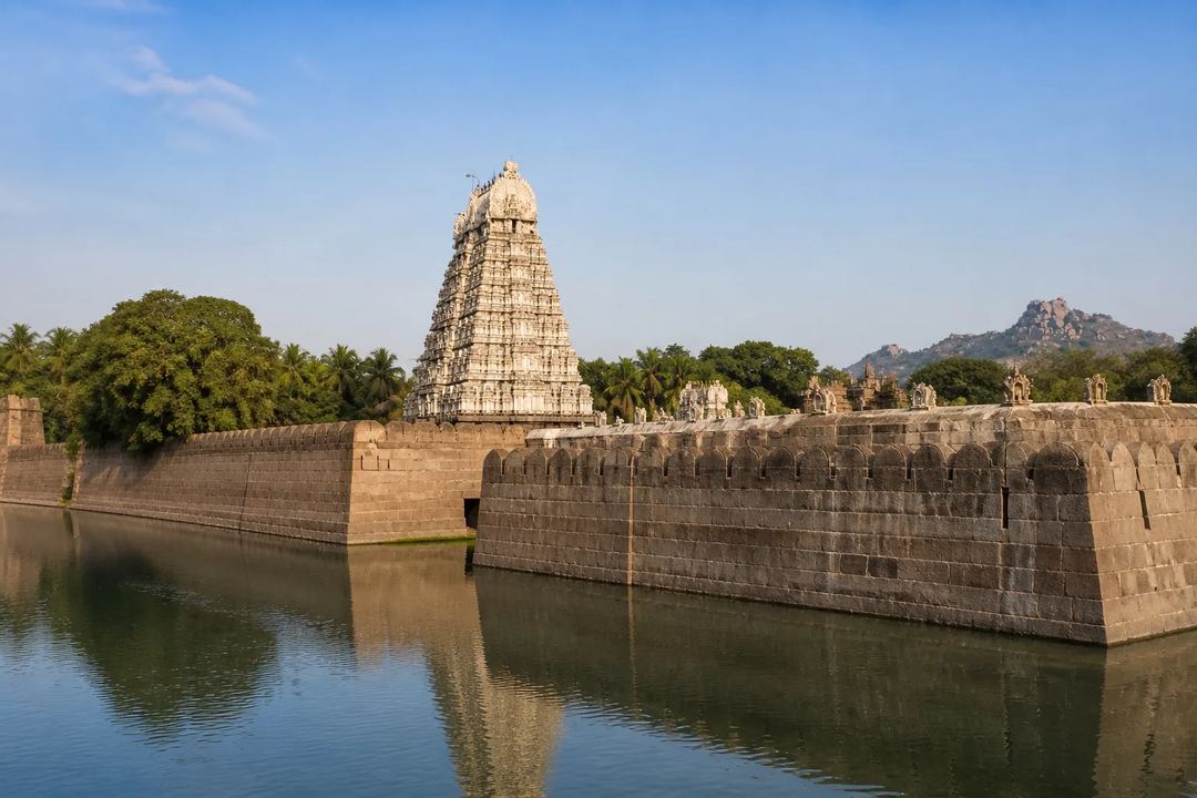 Reference-led landscape illustration showing the granite ramparts and moat of Vellore Fort with the pale stone gopuram of Jalakandeswarar Temple rising from within the complex.