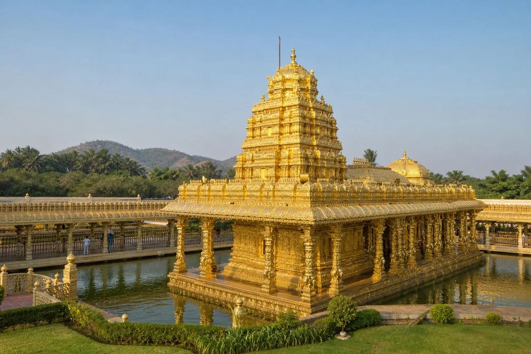 Reference-led landscape illustration of the gold-clad Sri Lakshmi Narayani shrine at Sripuram, surrounded by water, gardens and low green hills.