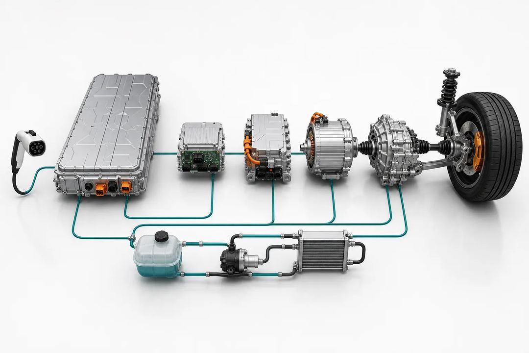 Educational studio illustration of charging connector, traction battery, electronics, inverter, electric motor, reduction gear, wheel and thermal-management loop connected in sequence.