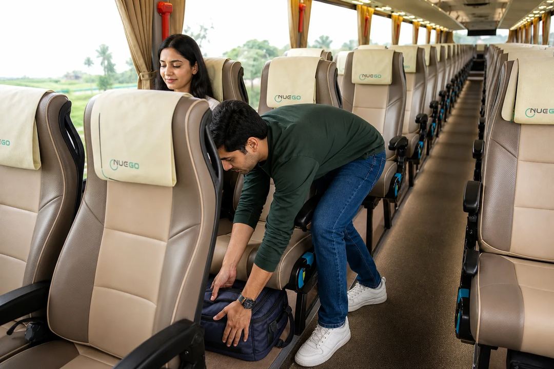 A passenger places a compact backpack beneath a seat inside a NueGo coach, leaving the aisle clear.