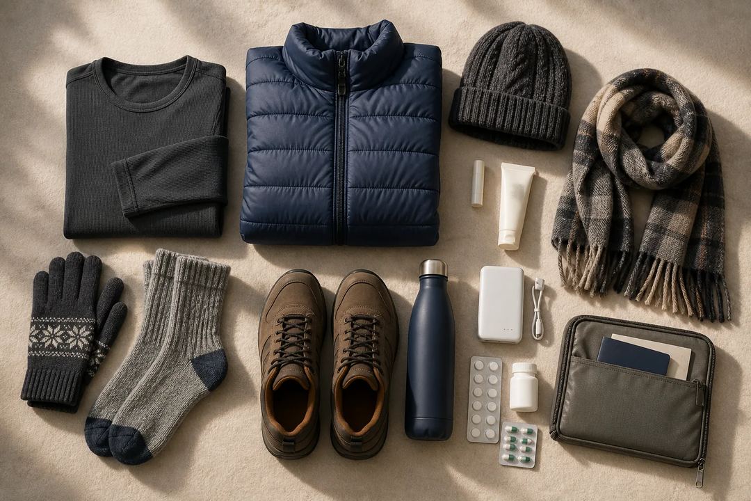 A neatly arranged cold-weather travel kit with thermal clothing, puffer jacket, cap, scarf, gloves, socks, shoes, bottle, power bank, medicines and document pouch.