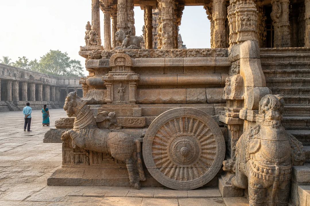 Verified view of the chariot-shaped mandapa, carved stone wheels and ornate pillars at Airavatesvara Temple in Darasuram.