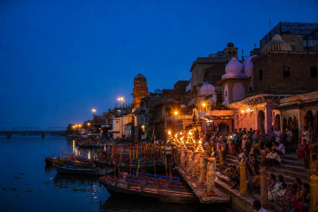 Evening Yamuna Aarti at Vishram Ghat in Mathura, showing priests, local riverside architecture and boats on the Yamuna.