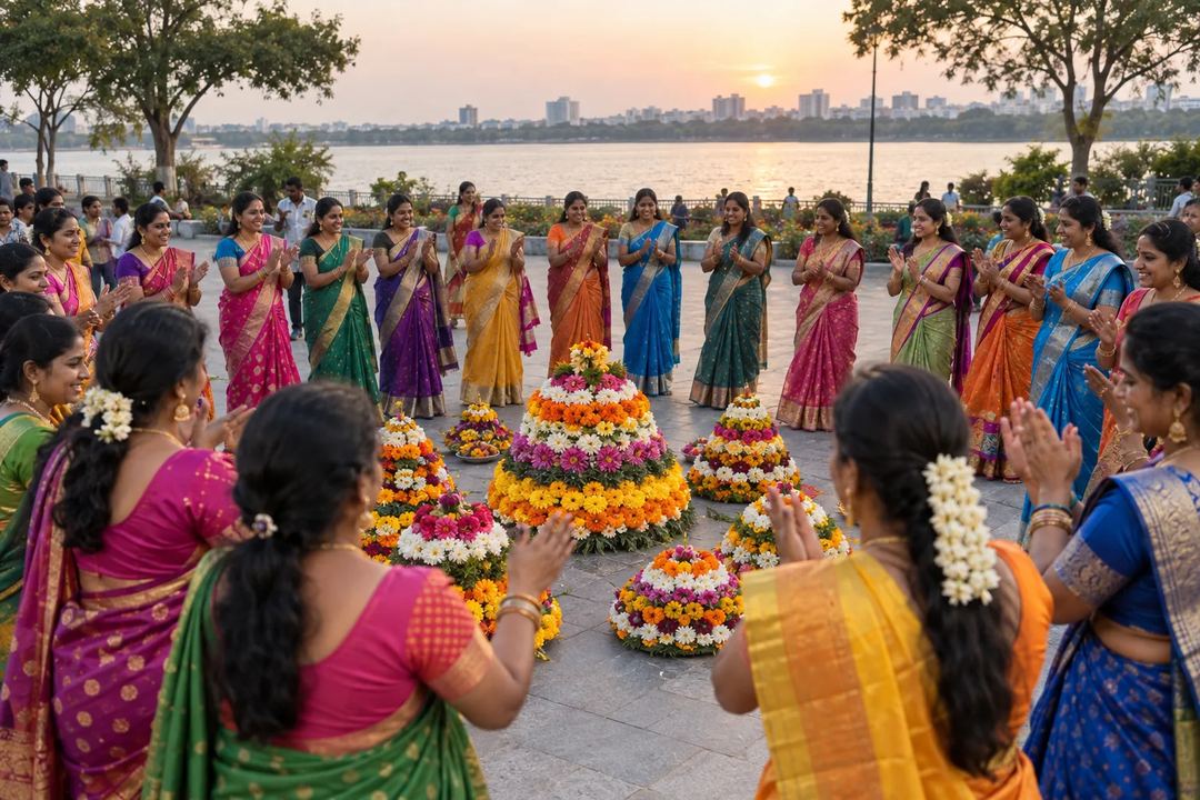 Illustration of women gathering around colourful flower arrangements during Bathukamma.