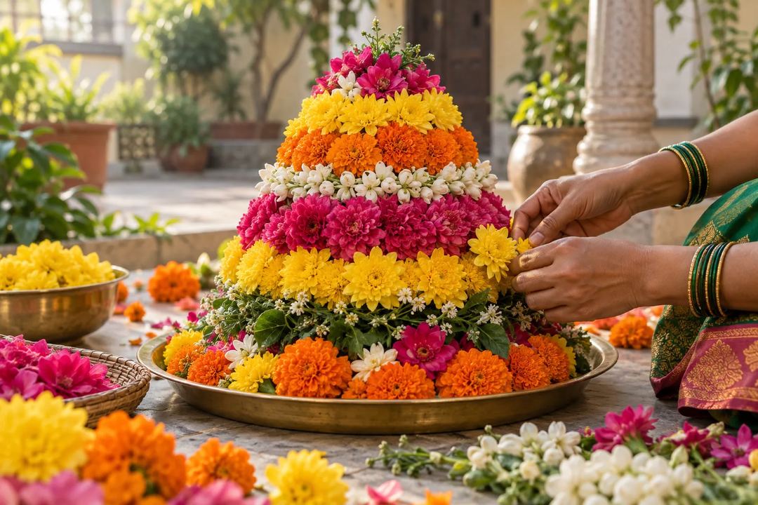 Illustration of hands arranging layers of colourful flowers for Bathukamma.