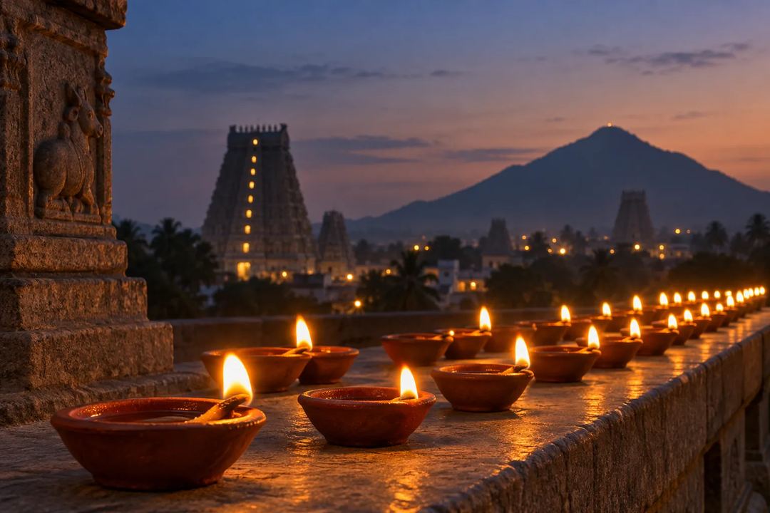Illustration of clay lamps burning along a stone ledge with a temple tower and hill beyond.