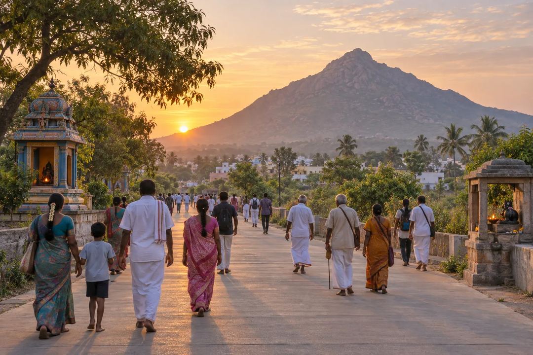 Illustration of pilgrims walking towards a hill along a path lined with small shrines.