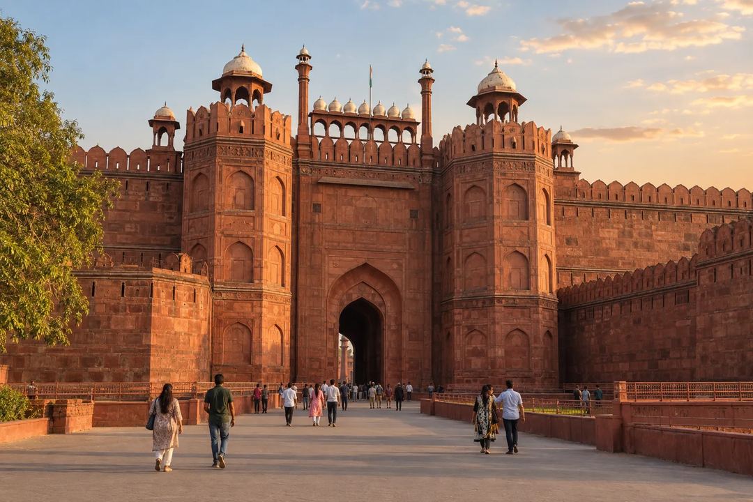 Illustration of visitors approaching the Red Fort’s red sandstone gateway.