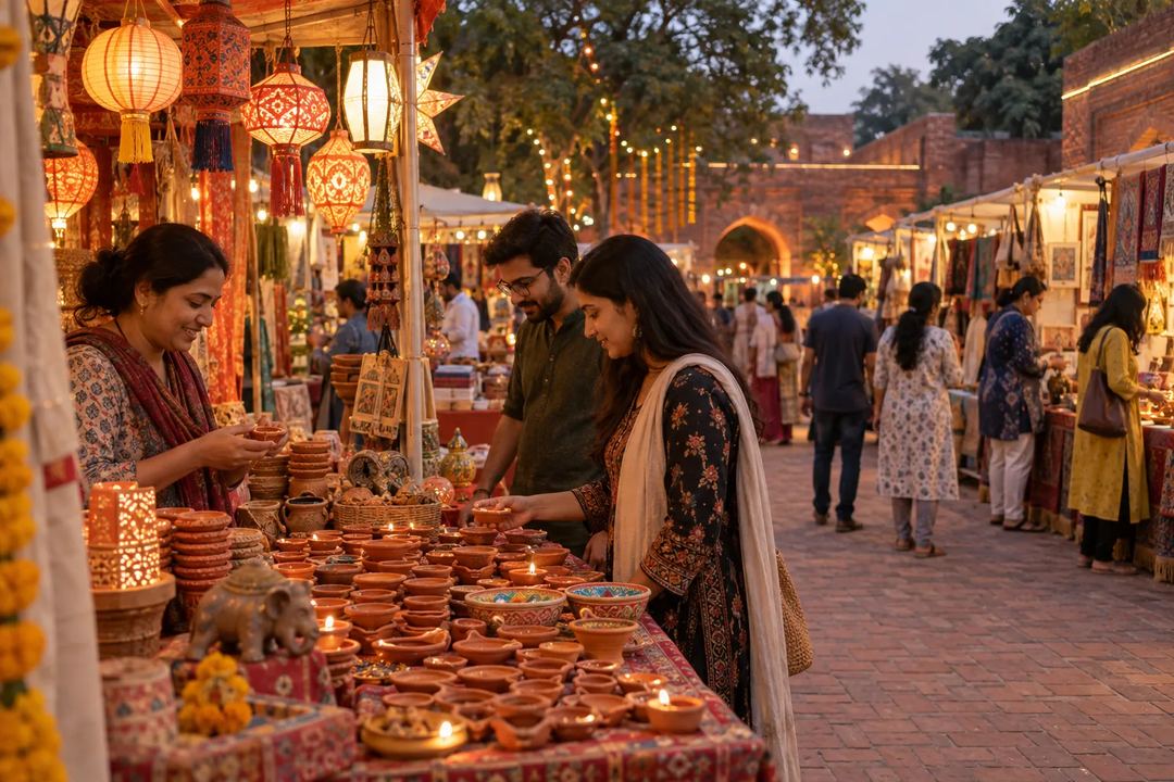 Illustration of shoppers browsing clay lamps and festive decorations at a Diwali fair.