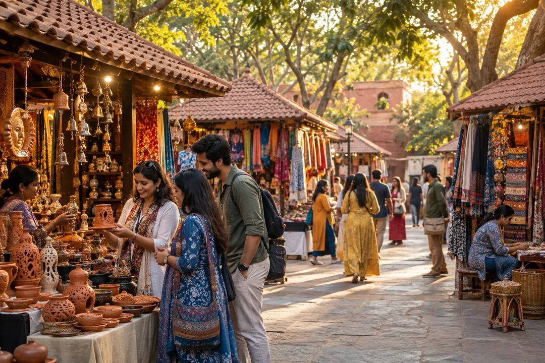 Illustration of visitors browsing handicraft stalls along a courtyard path.
