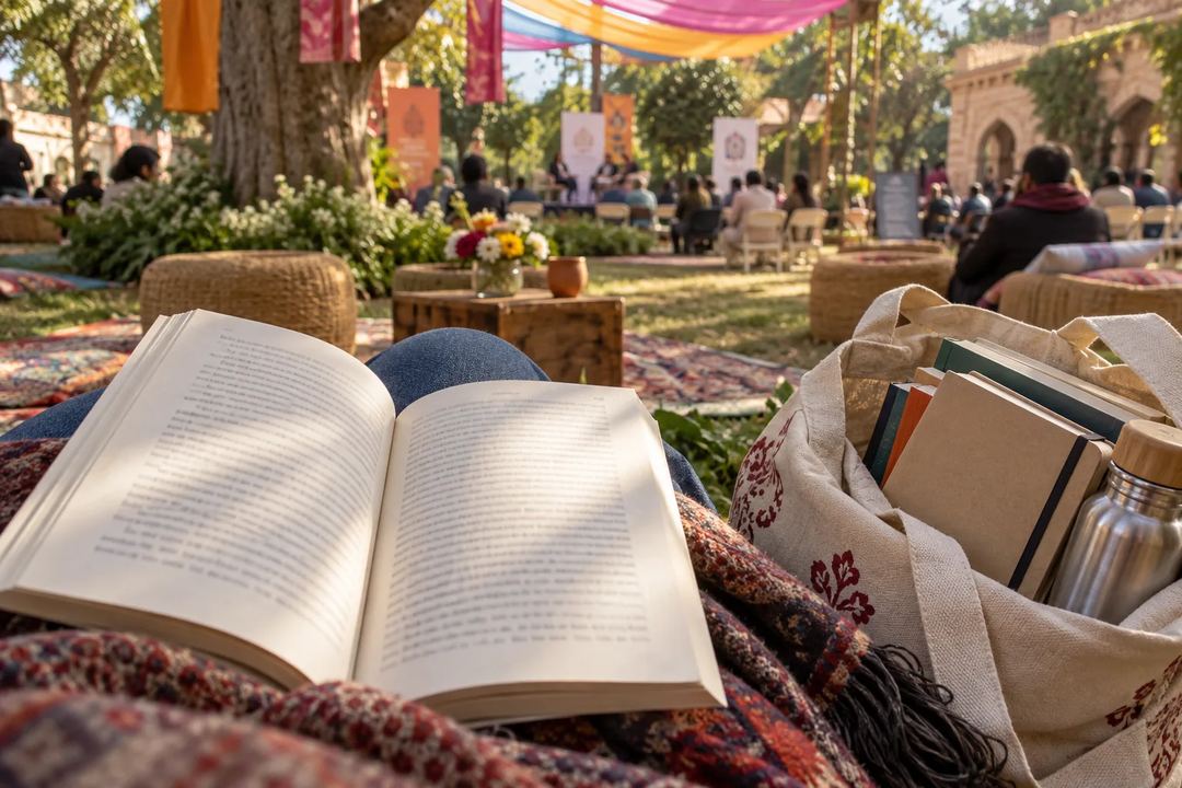 Illustration of an open book and a tote bag beside seating at an outdoor literary festival.