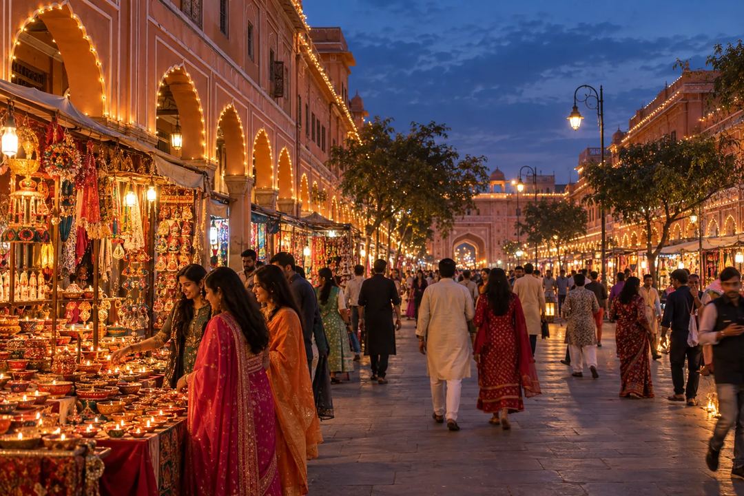 Illustration of shoppers walking through an illuminated Jaipur bazaar during Diwali.