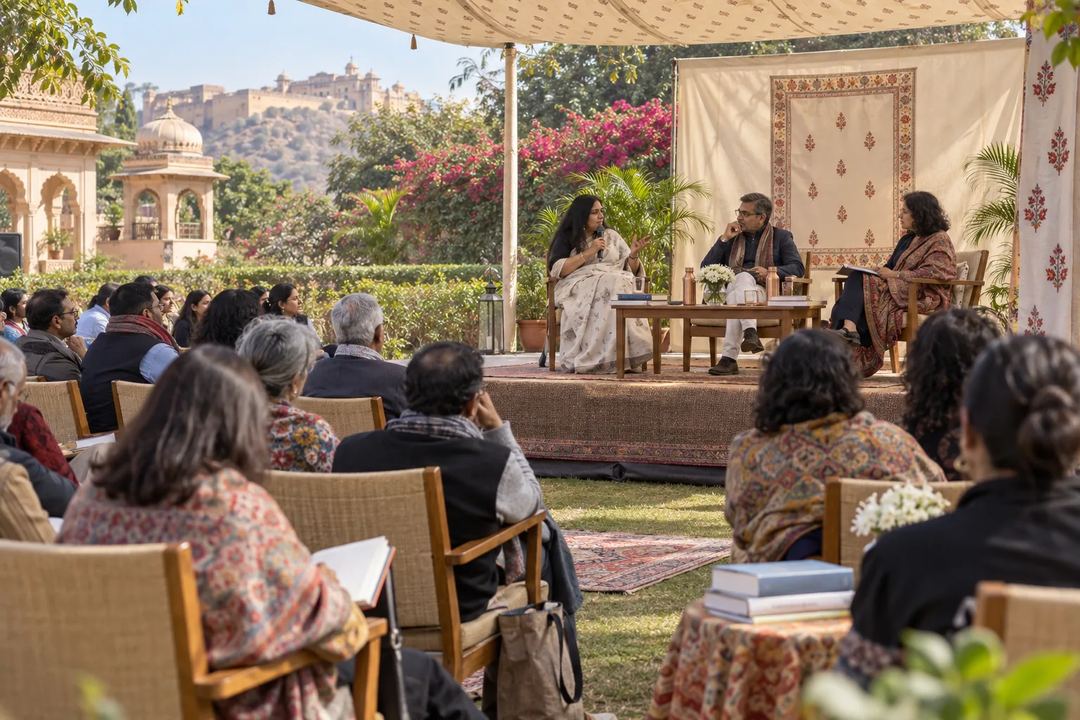 Illustration of an audience attending an outdoor literary discussion beneath a canopy.